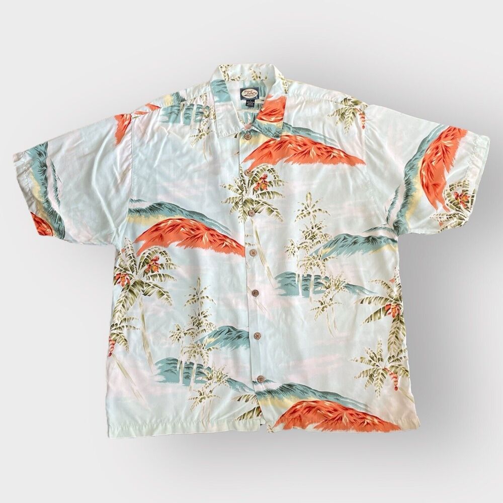Vintage Tommy Bahama Hawaiian Shirt Wooden Buttons LARGE Palm Trees & Mountains